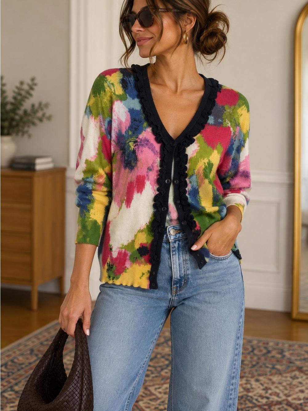 Tabitha Anthropologie Colorful Abstract Ruffle Cardigan Size L